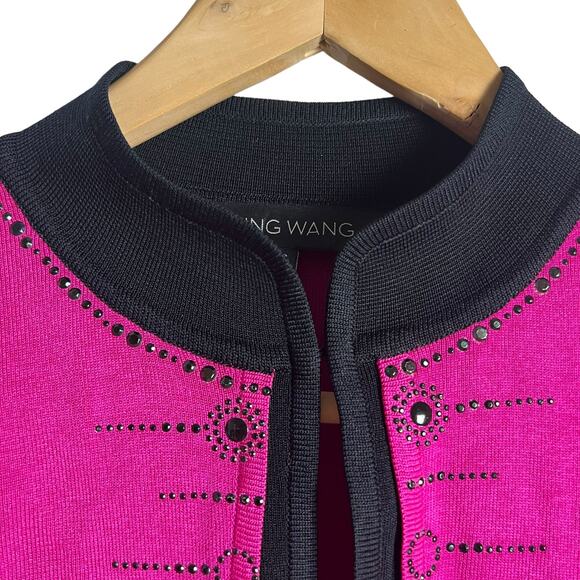 Ming Wang Magenta Pink Black Rhinestone Embellished Cardigan Sweater Size Small - Picture 2 of 11